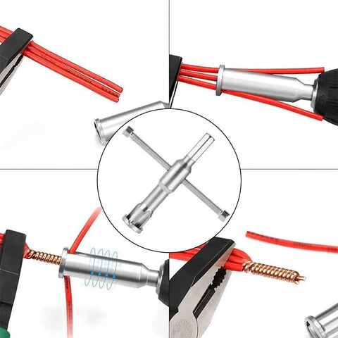 Transform Your Drill Into A Fast Automatic Wire Stripper For 1.5 To 4Mm2 Cables Hardened Steel Copper Removal Tool Perfect For Scrap Recycling And Electrical Jobs Save Time With This Heavy Duty Attachment in use, showing wires being stripped.