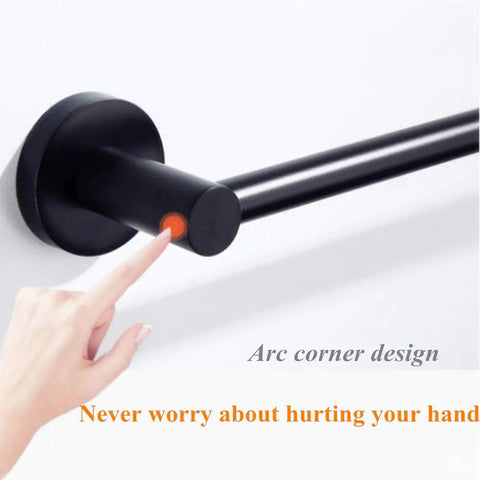 Slick Black Bathroom Hardware Set Wall Mounted 24 Inch Towel Bar with finger showing safety corner design
