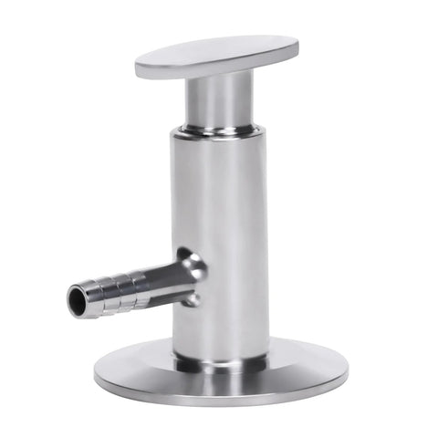 Stainless steel sanitary sample valve with elliptical top handle and side hose barb