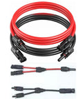 Two Pack 10Ft 10Awg Solar Extension Cables With Female And Male Connectors, Includes Extra MC4 Y Adapters, black and red cables