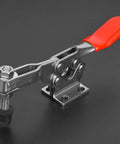 Quick Release Horizontal Toggle Clamp SUS304 Stainless Steel With 280 Kg Holding Capacity For Welding And Machining Fixturing In The Workshop Beefy Rustproof Clamp For Jigs And Fixtures with red handle on black background