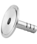 Stainless steel 1.5 in tri-clamp to 3/8 in barb sanitary adapter, 50.5 mm ferrule OD, angled view