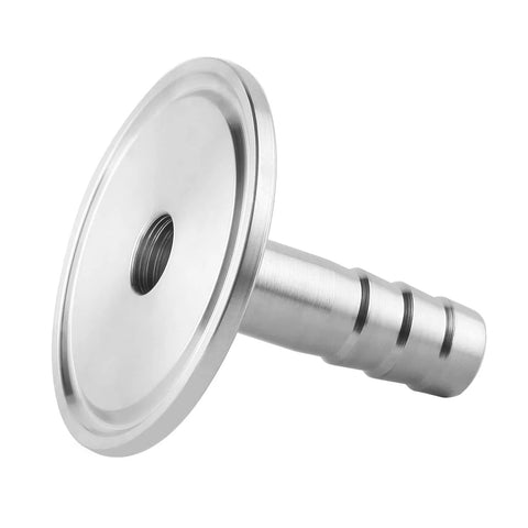 Stainless steel 1.5 in tri-clamp to 3/8 in barb sanitary adapter, 50.5 mm ferrule OD, angled view