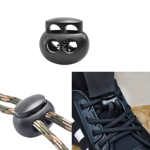 Ten Pack BabyPink Plastic Bungee Cord Locks paired with paracord and shoe laces for effective drawstring use.