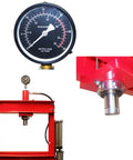Pressure gauge and hydraulic cylinder details of Heavy Duty 20 Ton Air Floor Hydraulic Shop Press for workshop use.