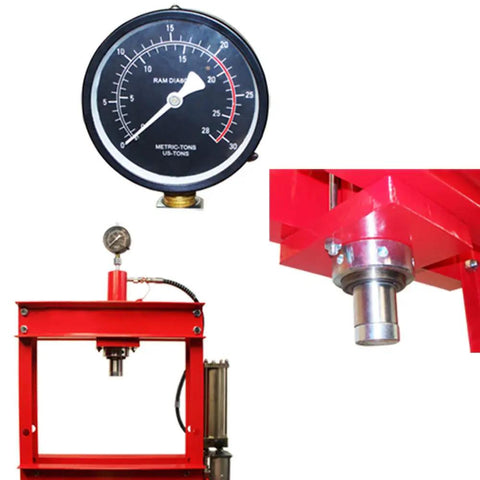 Pressure gauge and hydraulic cylinder details of Heavy Duty 20 Ton Air Floor Hydraulic Shop Press for workshop use.