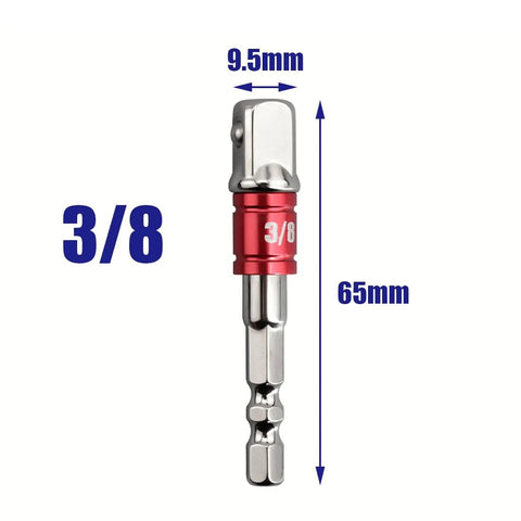 Nscdiew universal socket sleeve adapter, 3/8 in hex shank, chrome finish, red collar, 65mm long; fits 10-19mm sockets.