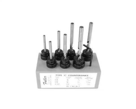 Professional Countersink And Taper Drill Bit Set For Five Through Nine Wood Screws Featuring Heat Treated Steel and Four Flute Cutters displayed in a holder.