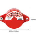 Red ABS device from 8 Piece Valve Lockout Device Set For Industrial Equipment Maintenance Heavy Duty Kit shown with dimensions.