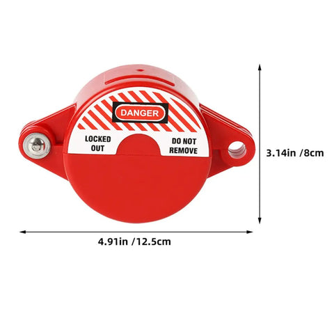 Red ABS device from 8 Piece Valve Lockout Device Set For Industrial Equipment Maintenance Heavy Duty Kit shown with dimensions.