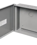 Tough As Nails Non Metallic Electronic Equipment Enclosure Box With Included Back Plate 12X12X4 Inch open view showing interior and locking mechanism.