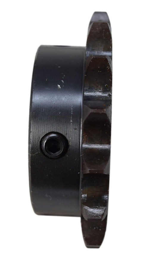 Side view of Beefy 50 Pitch ANSI Roller Chain Sprocket with 15 Teeth and One and One Quarter Inch Bore built from carbon steel.