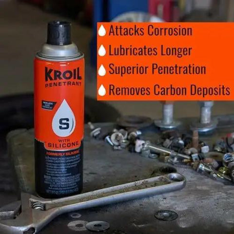 Silicone Enhanced Rust Penetrant For Frozen Metal Parts, Penetrating Lubricant Aerosol can on workshop table with tools.