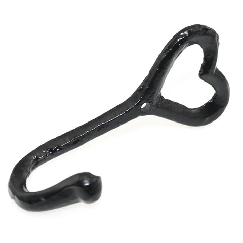 Four Pack Cast Iron Heart Wall Hooks Black Heavy Duty Hook For Keys Belts Towels showing a single heart-shaped hook.