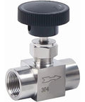 304 stainless steel needle valve with black knurled cap, NPT threaded ends and flow arrow.