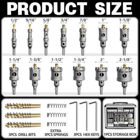 Carbide hole saw kit, 22-piece metal set with titanium pilot and 3 L-wrenches, stored in case