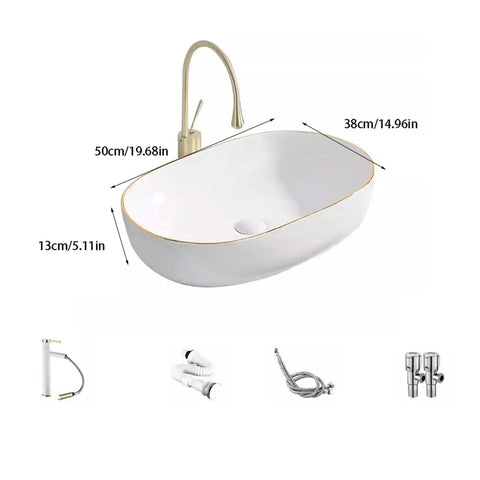 USZWBY Vessel Sinks Light Luxury Small Size Countertop Basin Household Wash Single Ceramic Gold Edge Art Bathroom Bowl Sink with faucet and fittings.