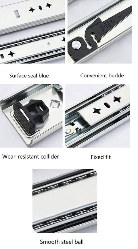 Close-up of Heavy Duty 14 Inch Drawer Slides With Full Extension Side Mount Ball Bearings Telescoping Track System features.