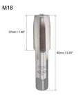Pro Grade M18 Hand Tap Set With 4 Straight Flutes In H2 Alloy Tool Steel showing dimensions and metric threading details.