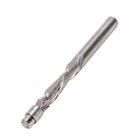 Jiawu 1/4 Inch Shank Spiral Flush Cut Router Bit For Precision Wood Trimming High Performance CNC Carving Tools With Durability, close-up view.