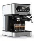 Heavy Duty 20 Bar Coffee Machine With Independent Steam Frother brewing espresso in double shot glasses on a sleek countertop.