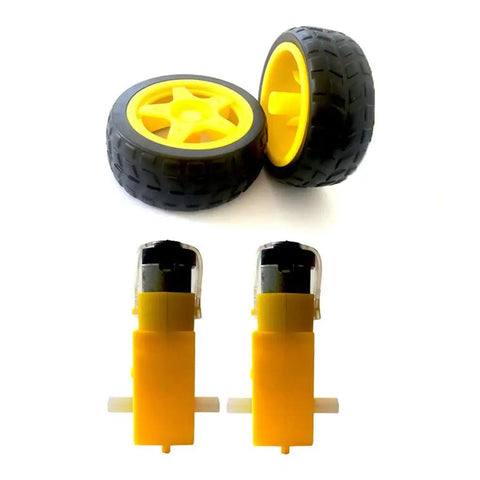2WD Robot Car Chassis Kit With Universal Wheels for Arduino UNO R3 and Raspberry Pi, showing two yellow wheels and motors.