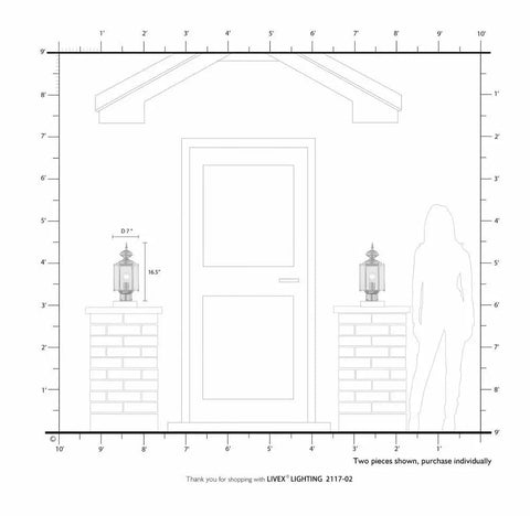 Outdoor Post Lantern 2117-02 with clear beveled glass shades in polished brass beside a door, showing scale and placement.