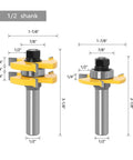Premium 2 Piece Tongue Groove Router Bit Set Featuring 1/4 Inch Shank And Three Tooth T Shape Design For Cutting Perfect 3/4 Inch Wood Joinery With High Precision Fit on display with measurements.