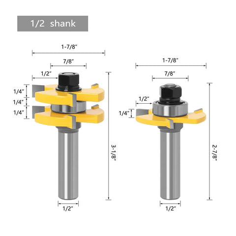 Premium 2 Piece Tongue Groove Router Bit Set Featuring 1/4 Inch Shank And Three Tooth T Shape Design For Cutting Perfect 3/4 Inch Wood Joinery With High Precision Fit on display with measurements.