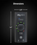 Front view of iRig HD X Guitar Audio Interface For iPhone iPad Mac And PC With Lightning And USB C Cables, showing dimensions.