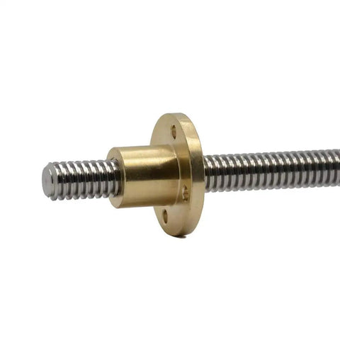 T10 Brass Lead Screw Nut With Acme Thread And 2mm Pitch For 3D Printer And CNC Machine Z Axis showing brass nut and threaded rod.