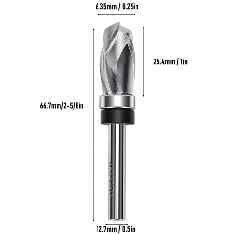 GOTOTOP Spiral Flush Trim Router Bit For Woodworking Pros With 1/2 Inch Shank showing sizes and spiral tip design for edging.