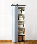 Bi Folding Barn Door Hardware Kit For Two Doors With Black Top Mount Rollers Interior Use Rails Fit Per Panel 18 Inches