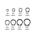 Ultimate 200 Piece Internal And External Retaining Circlips M6 To M20 C Clip Washers Set In Carbon Steel, shown in sizes M6 to M20