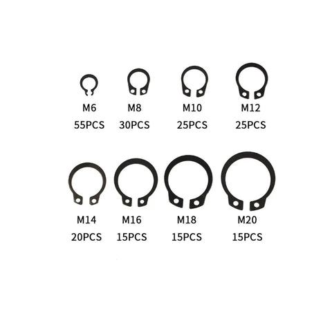 Ultimate 200 Piece Internal And External Retaining Circlips M6 To M20 C Clip Washers Set In Carbon Steel, shown in sizes M6 to M20