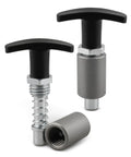 Hard Core Heavy Duty Quick Release Spring Loaded Pull Pin With Super Grip T Handle Knob For No Sweat Shop Swaps On Industrial Racks Welding Shelves And Gym Gear Three Point One Five Inch Diameter Two Pack, showing two pull pins with T handles.