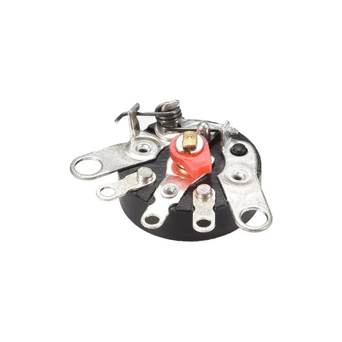 Close-up view of 50K Rotary Potentiometer With Switch, Single Turn Carbon Film Variable Resistors RV12MM, 5 terminals.