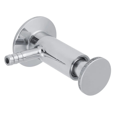 Side view of a 2-inch stainless steel tri-clamp sampling valve with hose barb inlet and knurled cap