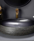 SDVantage Black Ceramic Bathroom Vessel Sink and Faucet Combo, countertop sink basin with textured details and elegant design.