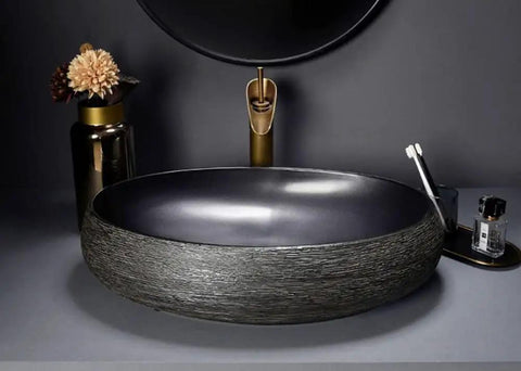 SDVantage Black Ceramic Bathroom Vessel Sink and Faucet Combo, countertop sink basin with textured details and elegant design.