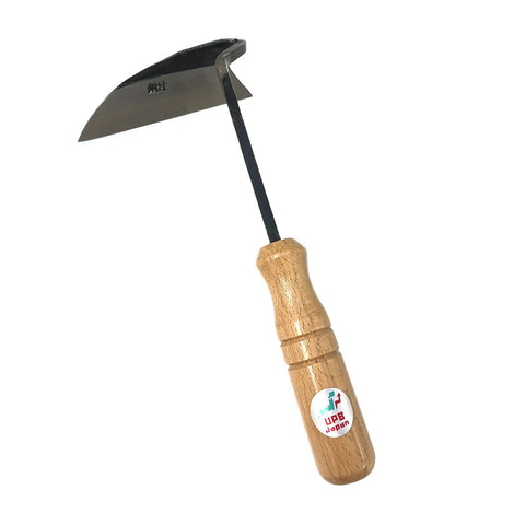 Nejiri Gama Hand Hoe Weeding Sickle with 9.8 inch stainless steel blade, ergonomic wooden grip, visible UFB Japan logo