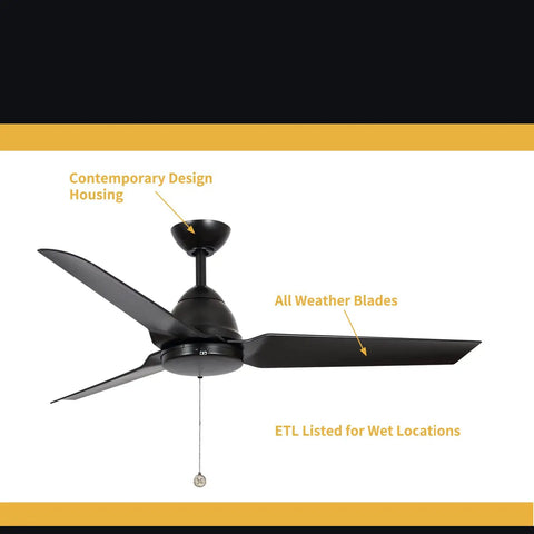 54 Inch Outdoor Wet Rated Waterproof Ceiling Fan Matte Black With Modern Style for patios with ETL Listed all-weather blades