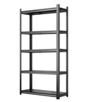 Hella Sturdy Five Tier Adjustable Metal Shelving Unit Built Tough For Heavy Duty Storage with five shelves in black finish.