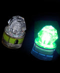Two glowing green 10 Pack Deep Drop LED Fishing Lights With Automatic Flashing Underwater Attractant, Waterproof Diamond Lure Light.