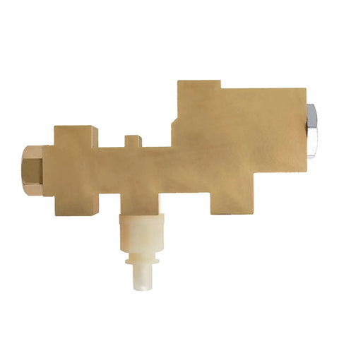 Heavy Duty PV6 Brake Proportioning Valve PV6070FD in brass, shown from top with fittings, designed for 1960-1970 Ford models.