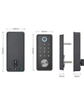 Badass Fingerprint Smart Door Lock Retrofit For Easy Install On Existing Handles Zero Hassle WiFi Connectivity No Gateway Required Top Shelf Tuya App Management Temporary Guest Access And Sleek Live Detection Sensor Tech device dimensions shown from multiple angles