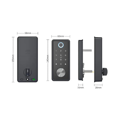 Badass Fingerprint Smart Door Lock Retrofit For Easy Install On Existing Handles Zero Hassle WiFi Connectivity No Gateway Required Top Shelf Tuya App Management Temporary Guest Access And Sleek Live Detection Sensor Tech device dimensions shown from multiple angles