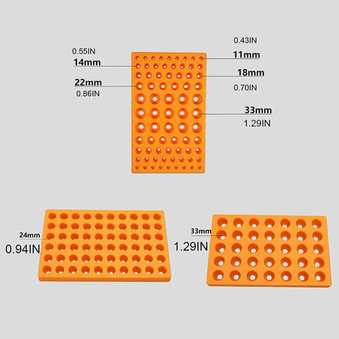 Heavy Duty Thickened Router Bit Storage Tray For ER25 ER32 C32 Collets Featuring 24 And 33 Millimeter Holes shown in orange PVC with size details.