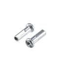 Close-up of two silver nipples from 36 Pcs Bicycle Spokes Set 14G 263mm Length With Nipples For Most Bikes Durable Replacement Kit
