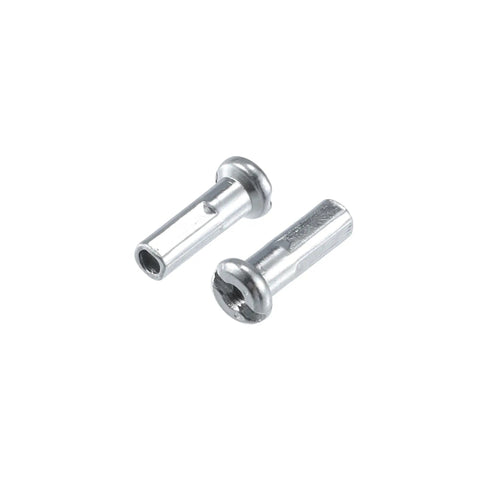 Close-up of two silver nipples from 36 Pcs Bicycle Spokes Set 14G 263mm Length With Nipples For Most Bikes Durable Replacement Kit